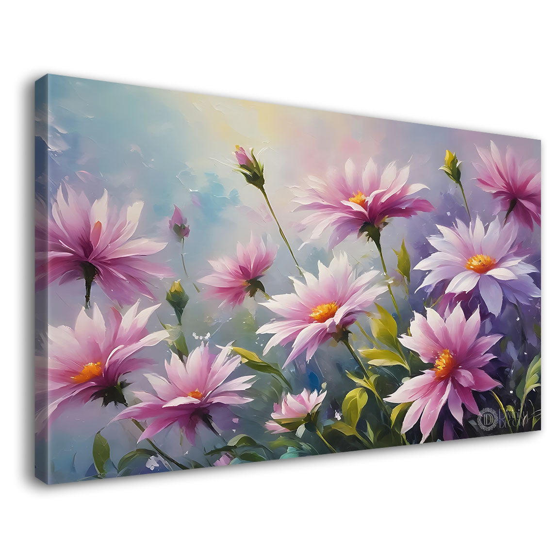 Pink flowers in grey background canvas painting- Flower-766