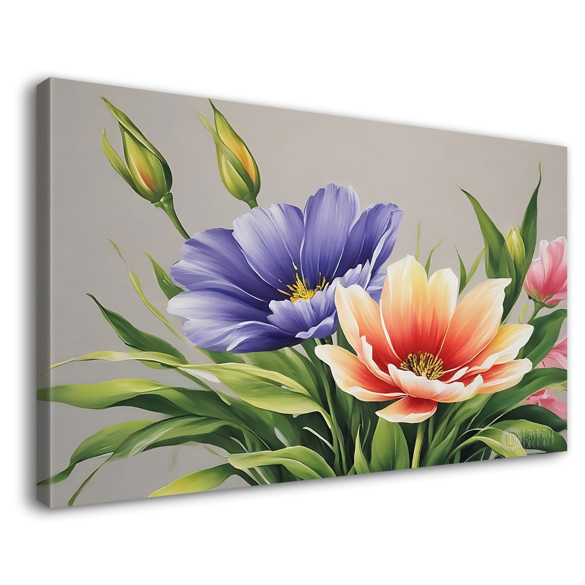 Purple and orange flowers in grey background canvas painting- Flower-769