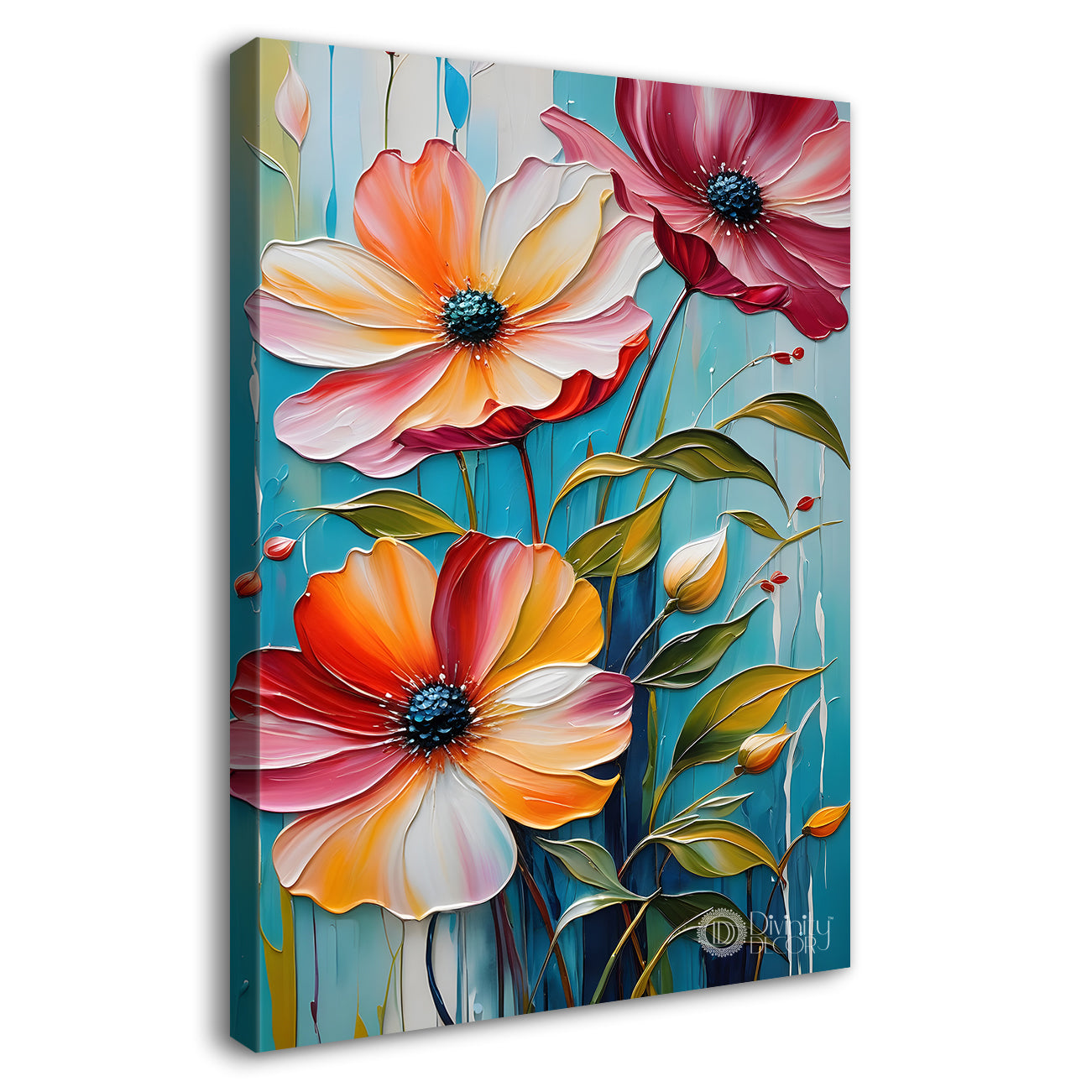 Colourful flowers in grey textured background painting - Flower-V-76