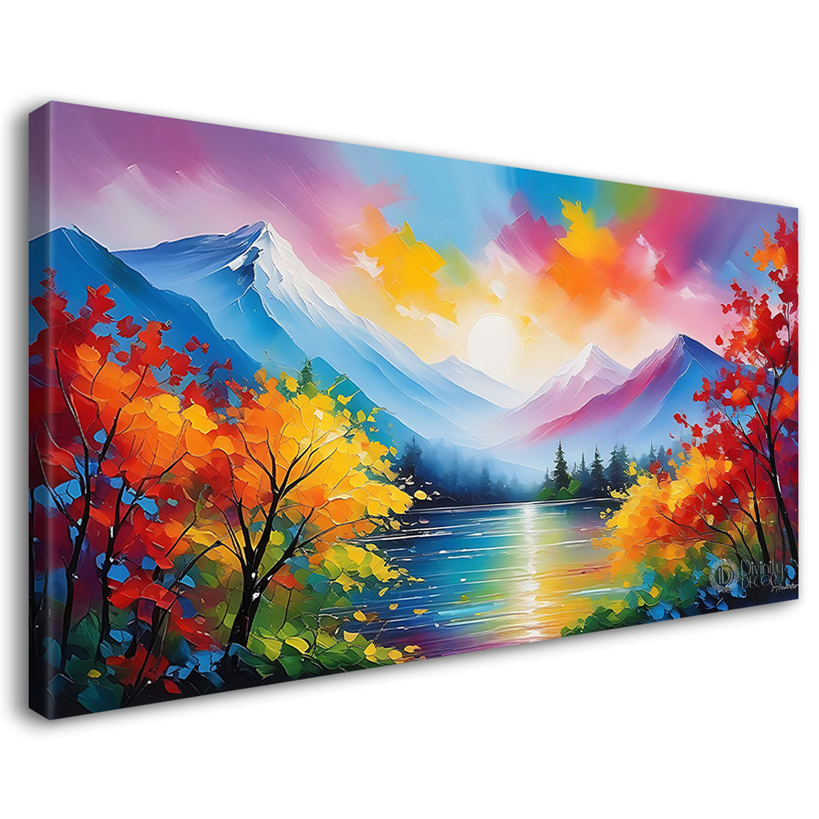 Mountains with river and colorful trees in textured art Canvas Painting - Nature Art -76