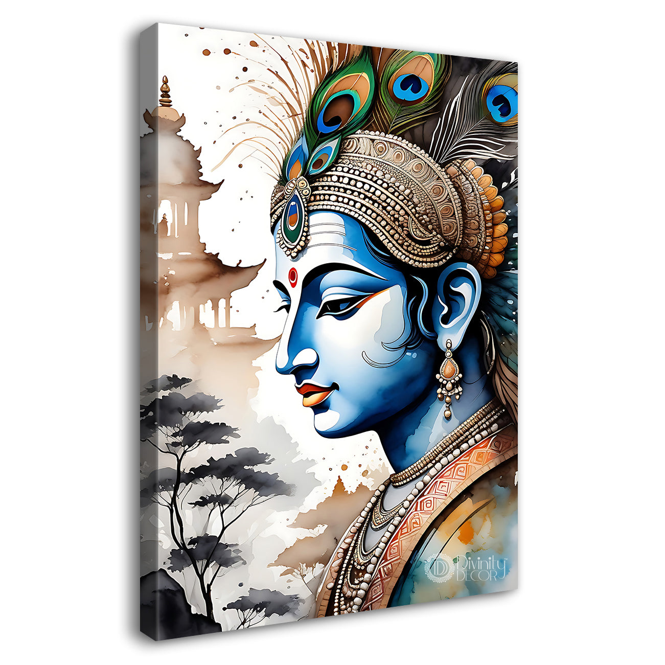 Blue face of krishna in grey and light brown water colour textured art Canvas Painting - Design - Krishna-V-76