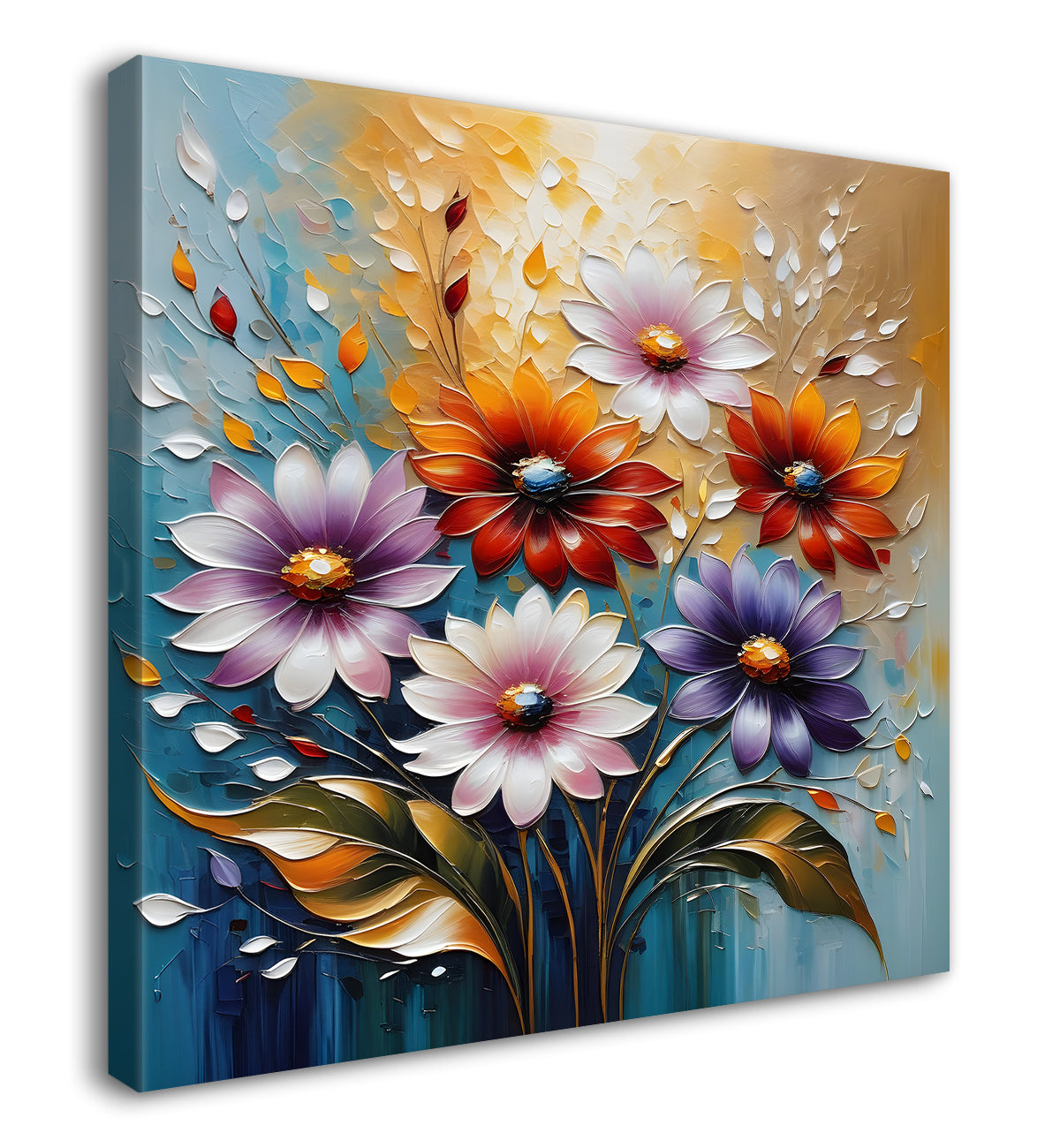 Colourful flowers in blue  background  textured painting  - Flower-S-76