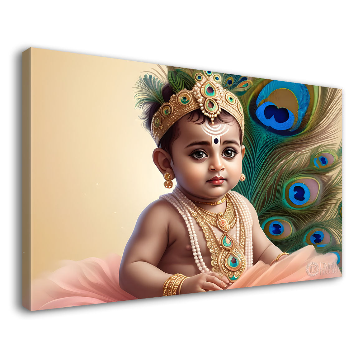 Baby with peacock feathers painting Canvas Painting - Design - Krishna-77
