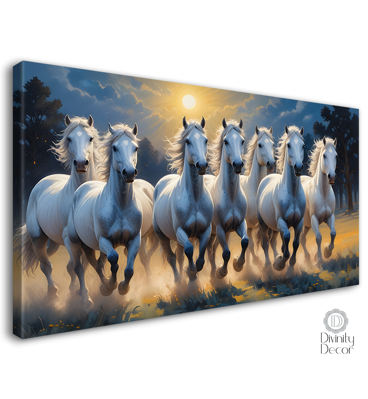 White running horses with sunset and blue textured background art Canvas Painting - Design - Horse-77