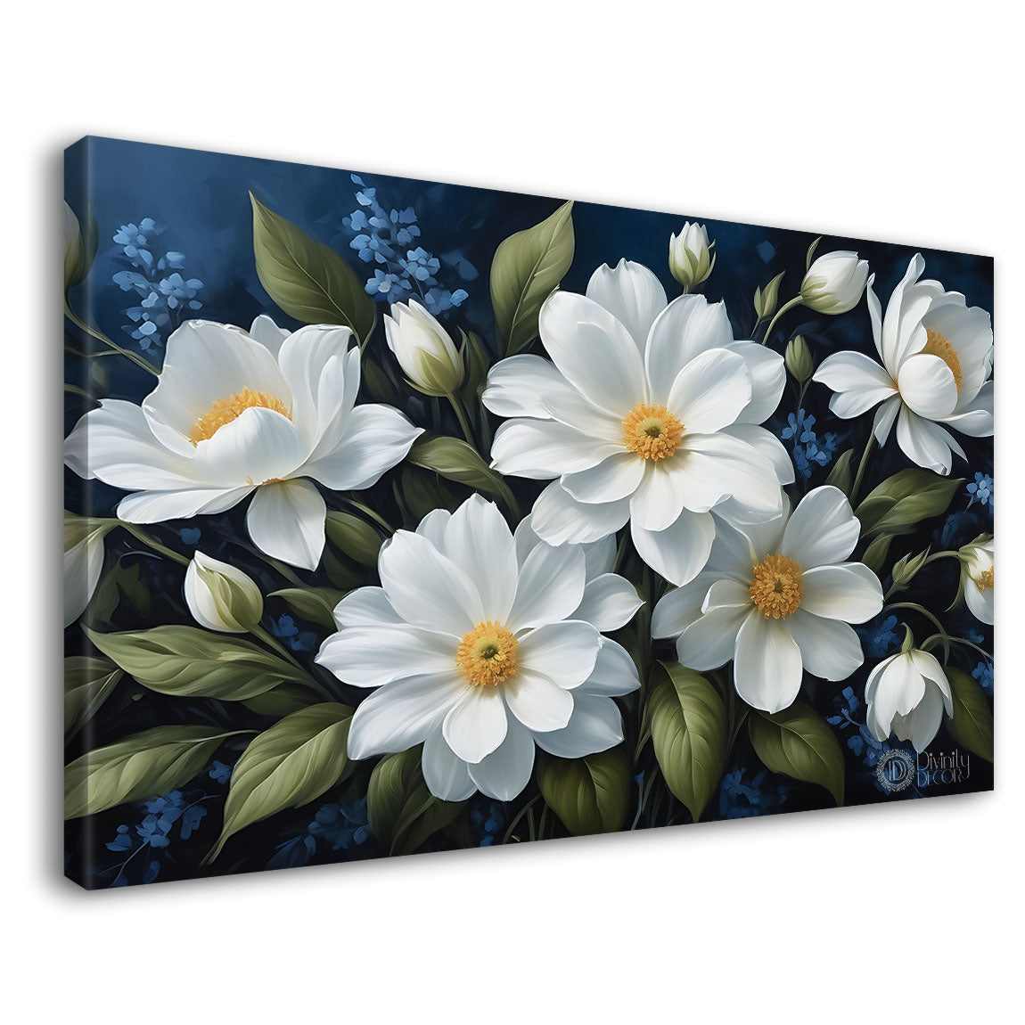 White flowers in navy blue background canvas painting- Flower-770