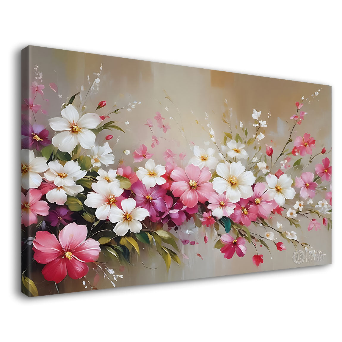 White and pink flowers in light brown background canvas painting- Flower-771
