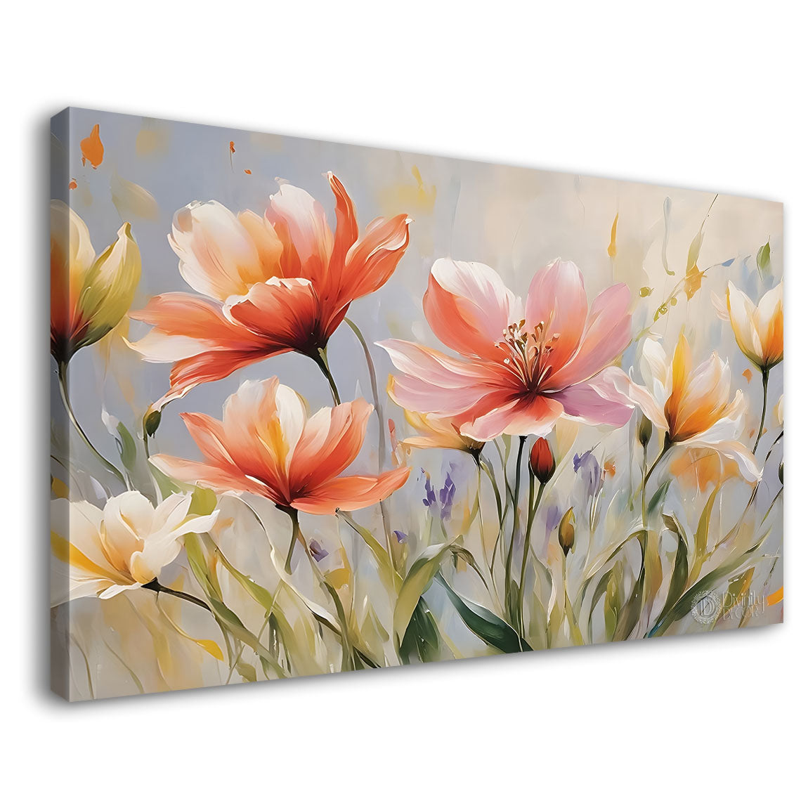 Pink flowers in grey background canvas painting- Flower-772