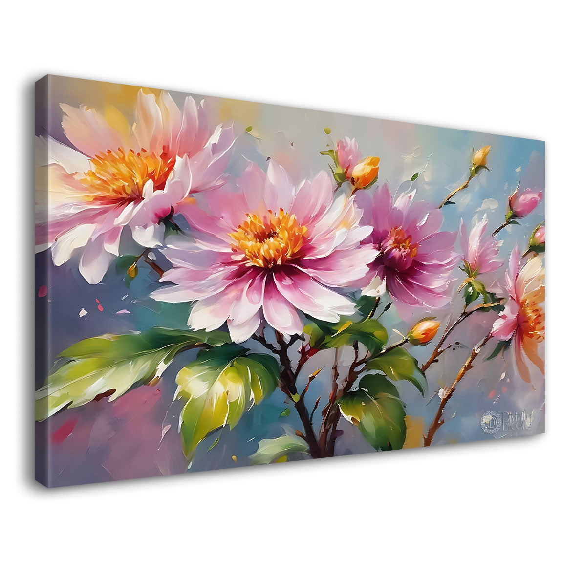 Pink flowers in sky blue background canvas painting- Flower-773