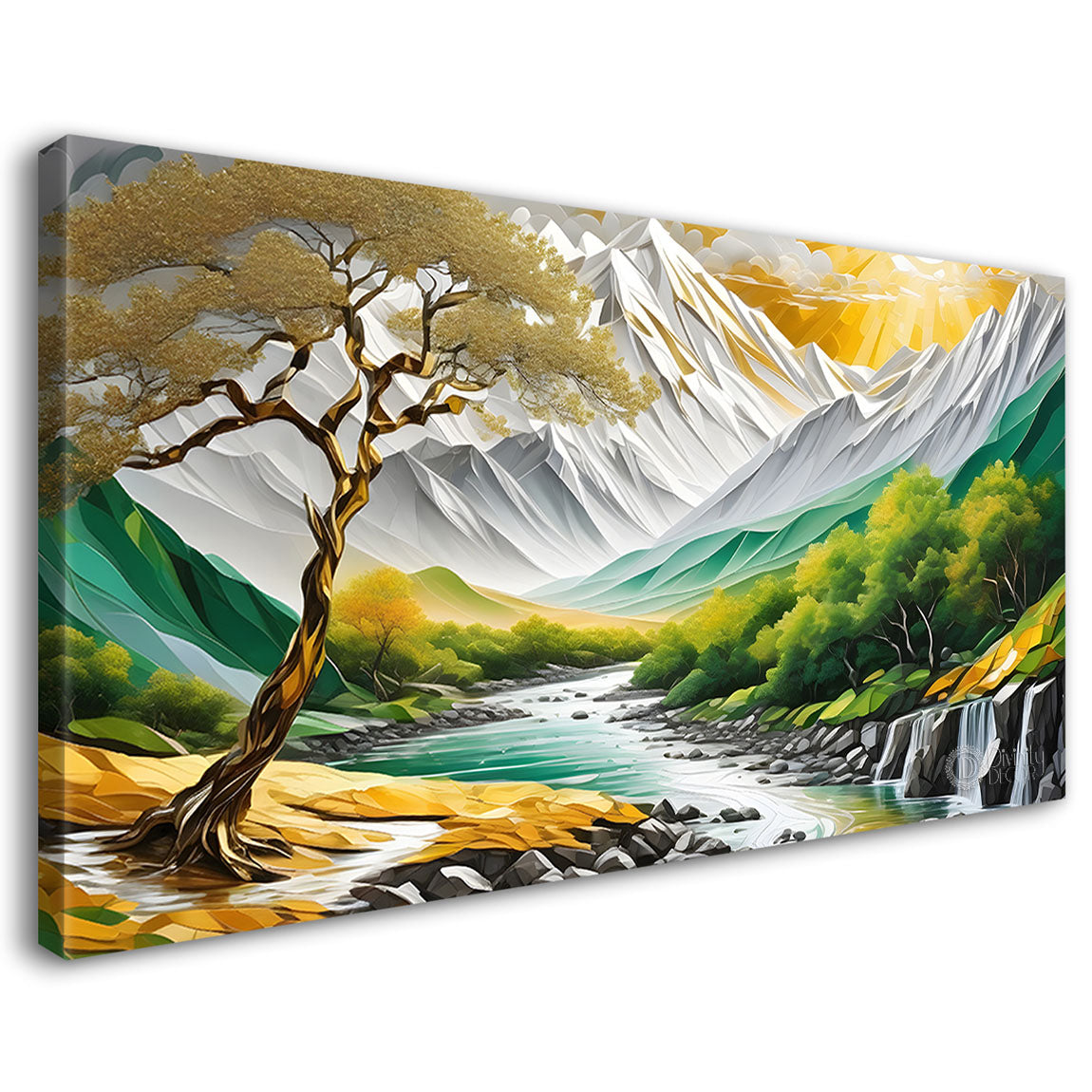 Green mountains with sun and trees painting Canvas Painting - Nature Art -773