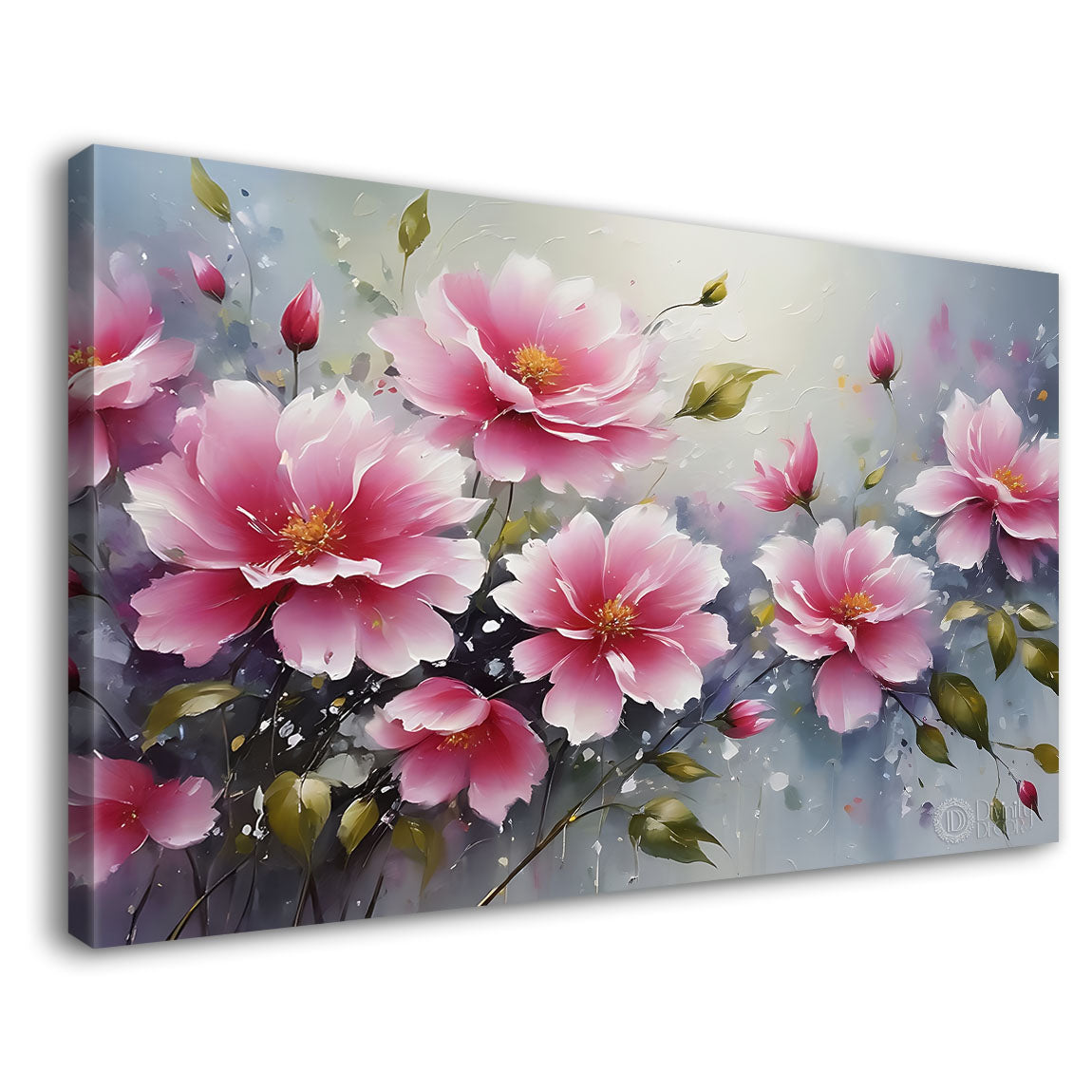 Pink flowers in grey background canvas painting- Flower-776