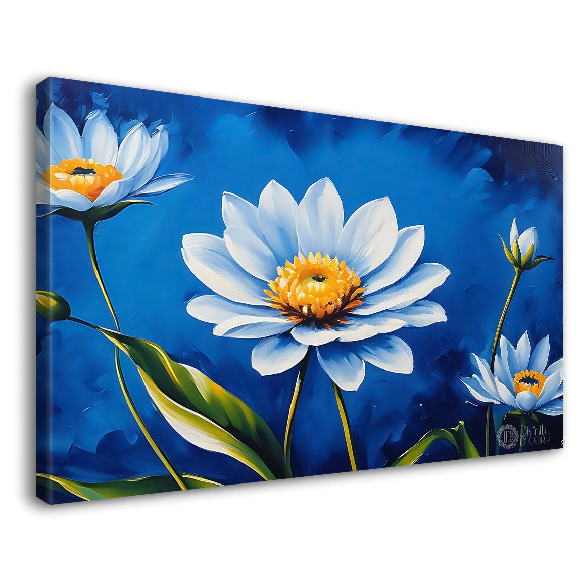 White flowers in navy blue background canvas painting- Flower-778