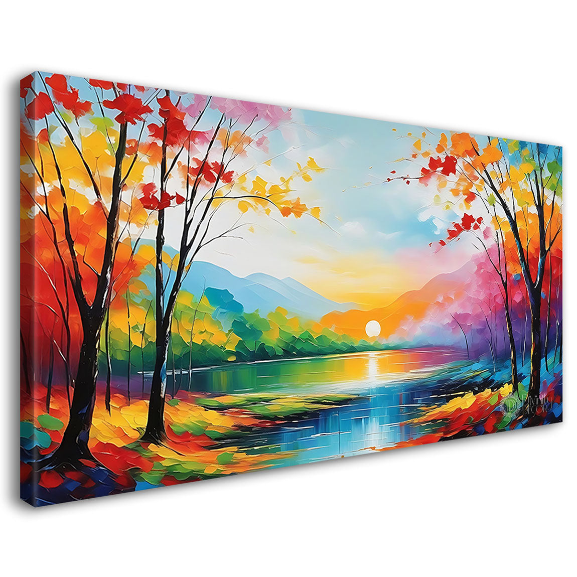 Lake with colorful trees in textured scenery painting Canvas Painting - Nature Art -77