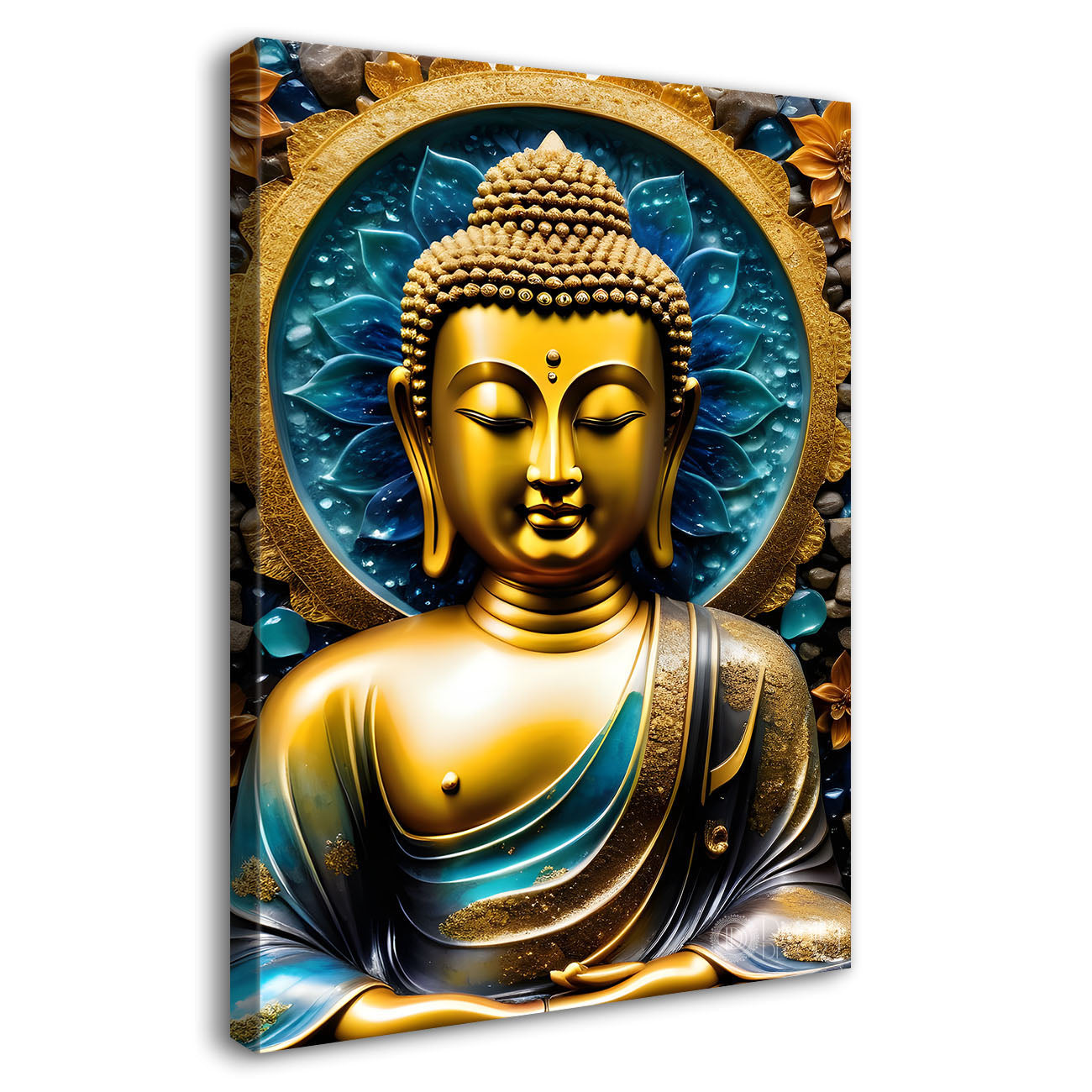 Golden buddha with lue and golden chakra textured painting - Buddha-V-77