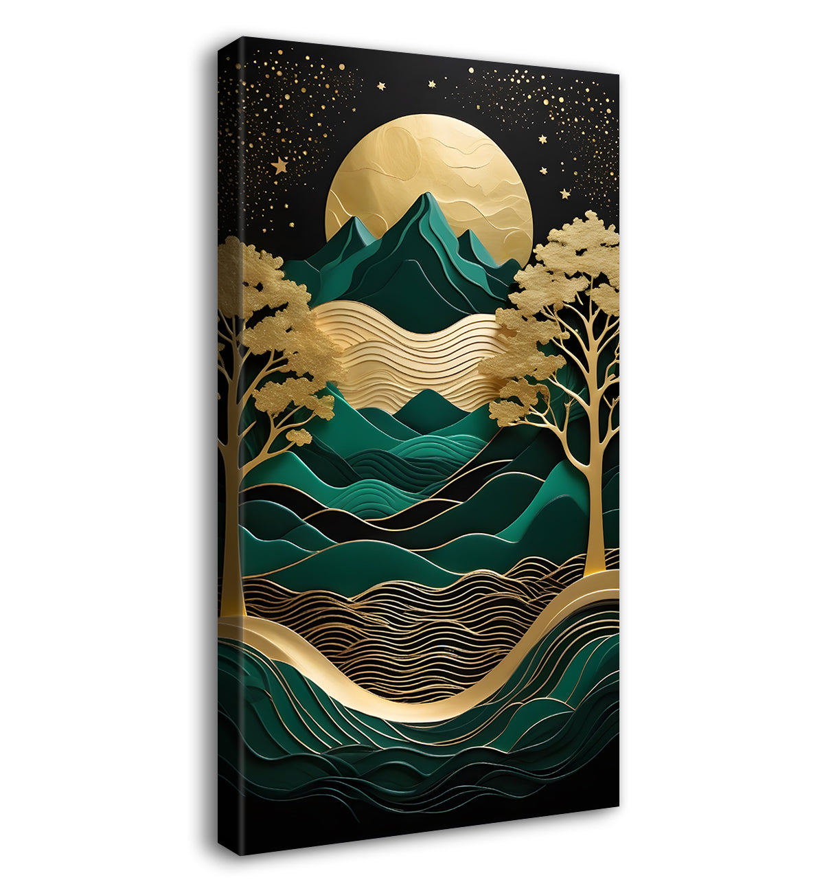Green mountians and river with golden trees and moon in textured painting Canvas Painting - Nature Art -V-77