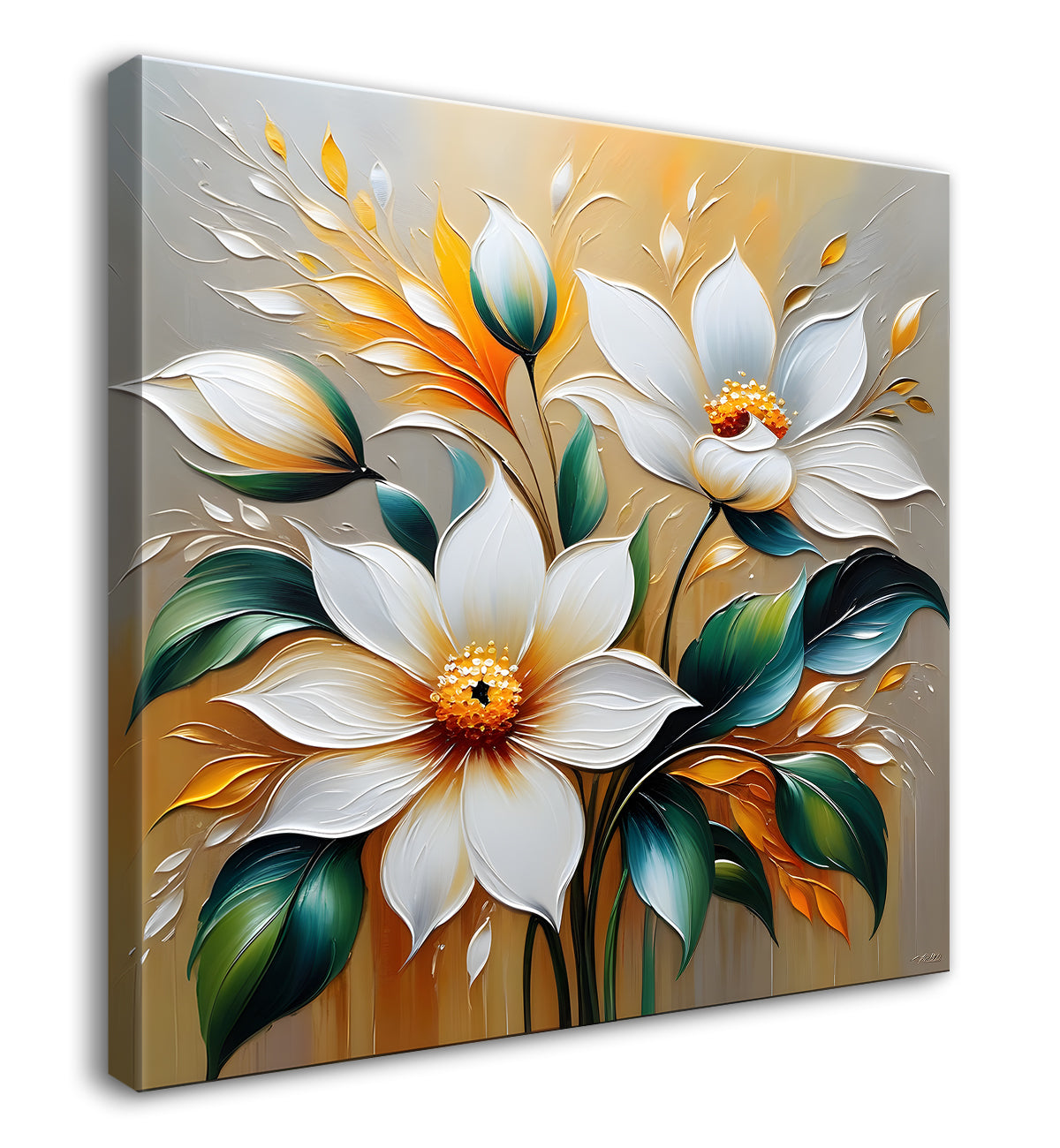 White flowers with grey background  textured painting - Flower-S-77
