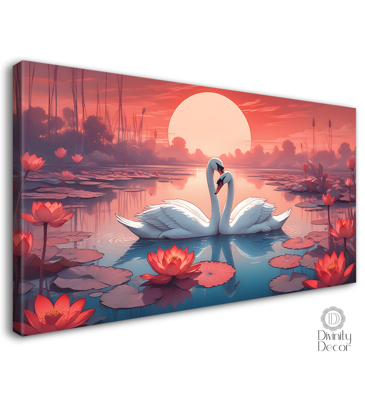 Two swans in the pond with sunrise and red background textured art. - Design - Animal - 77