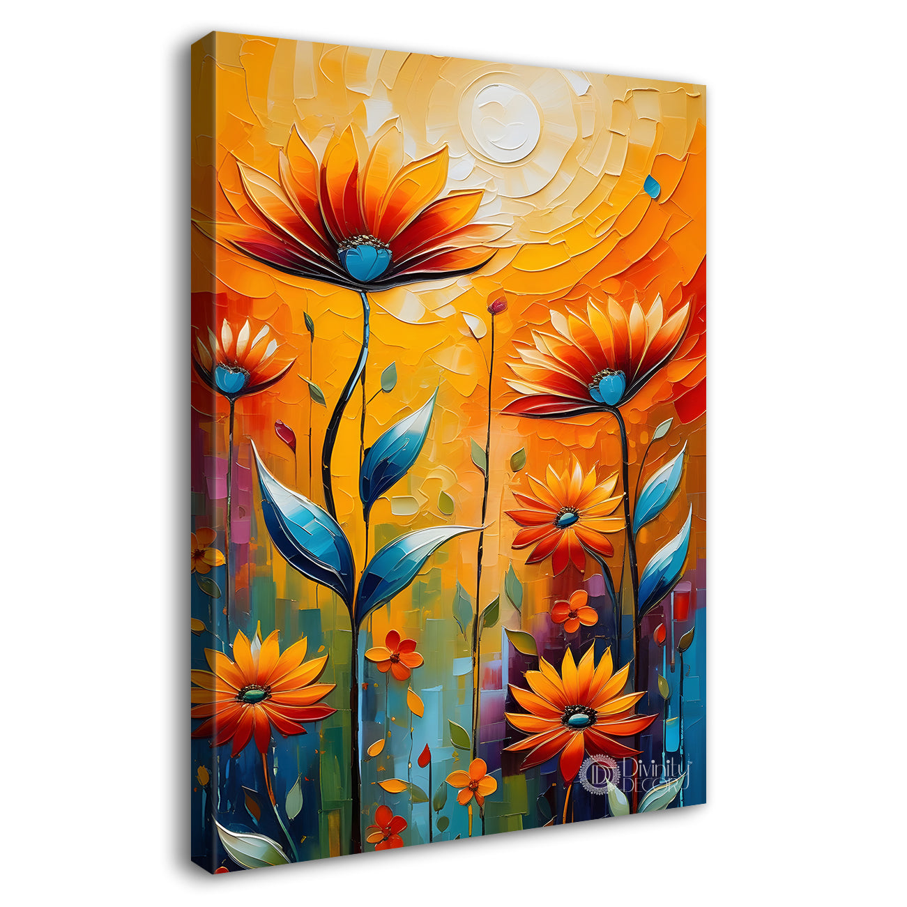 Orange flowers in orange textured background painting - Flower-V-77