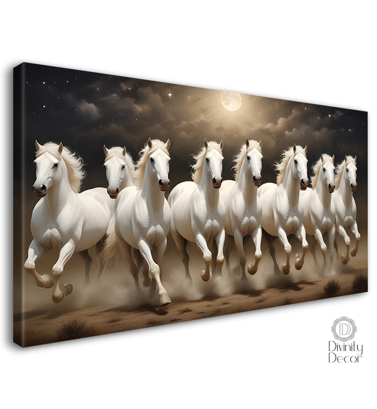 White running horses with moon and dark textured background art Canvas Painting - Design - Horse-78