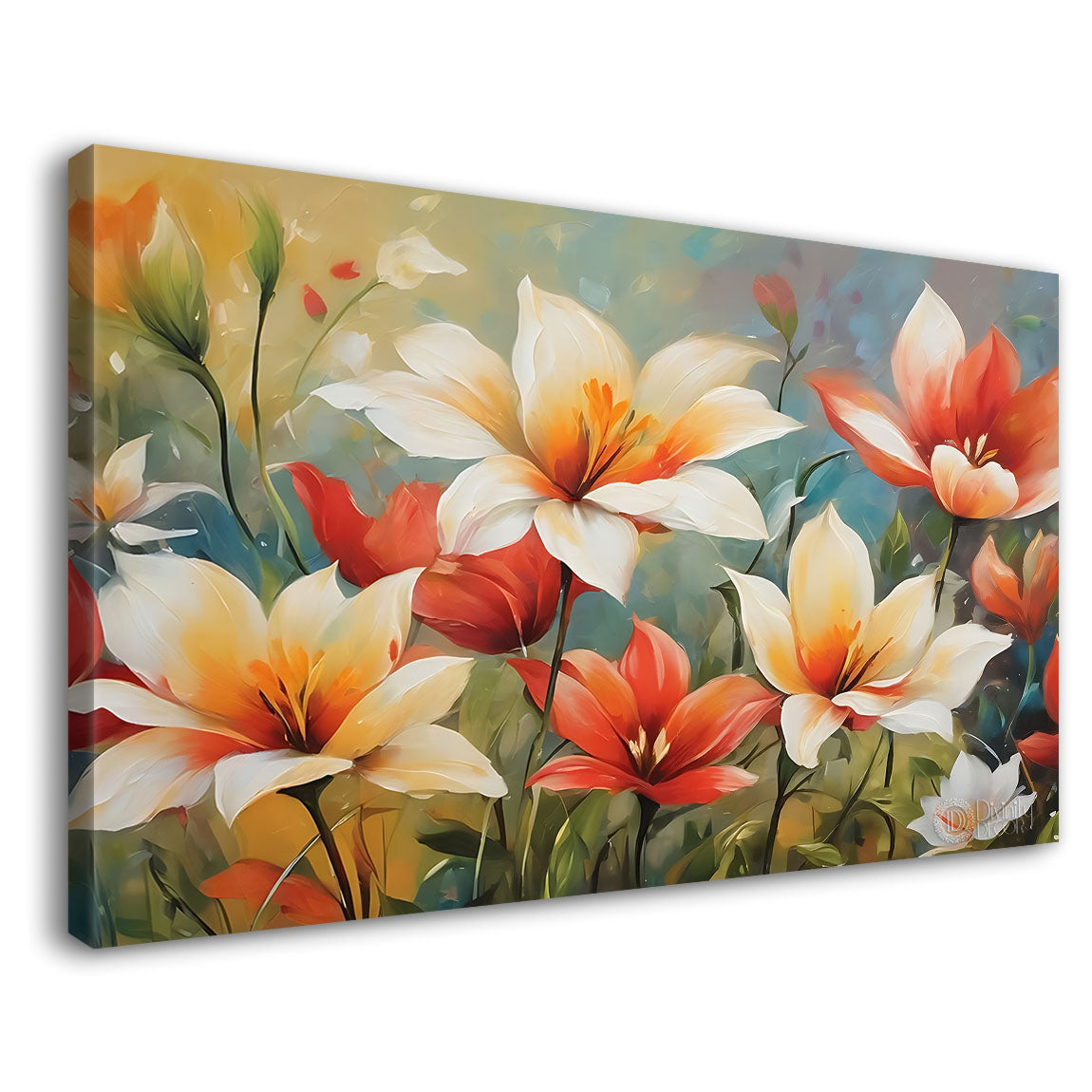 White and orange flowers in grey background canvas painting- Flower-780