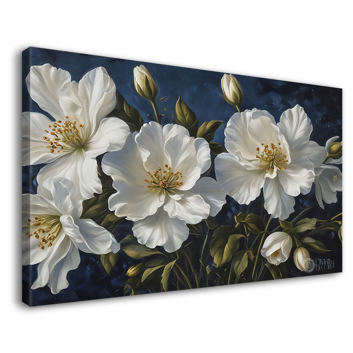 White flowers in navy blue background canvas painting- Flower-781