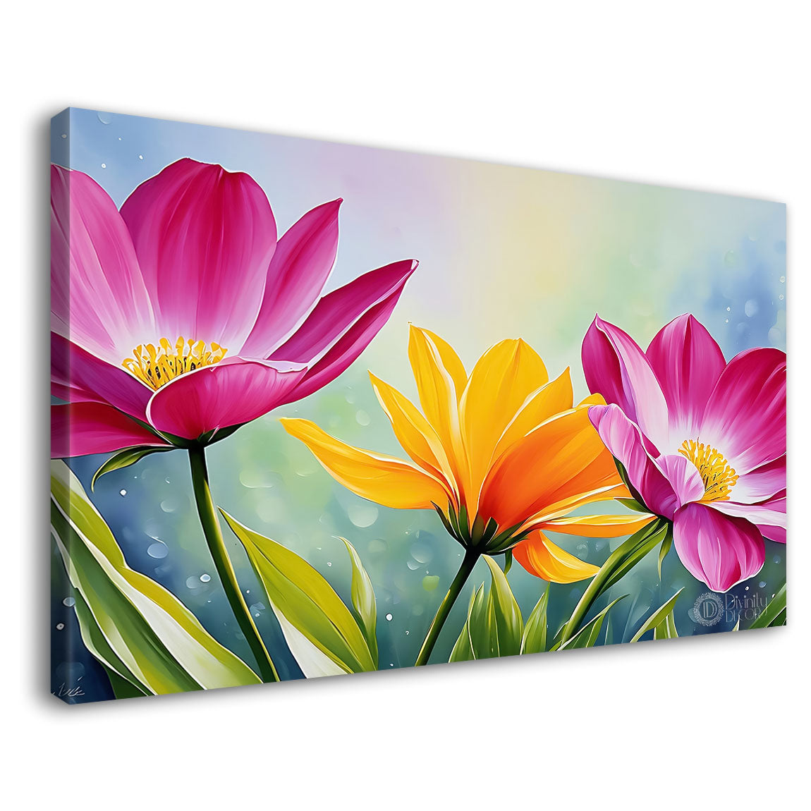 Pink and yellow flowers in sky blue background canvas painting- Flower-782