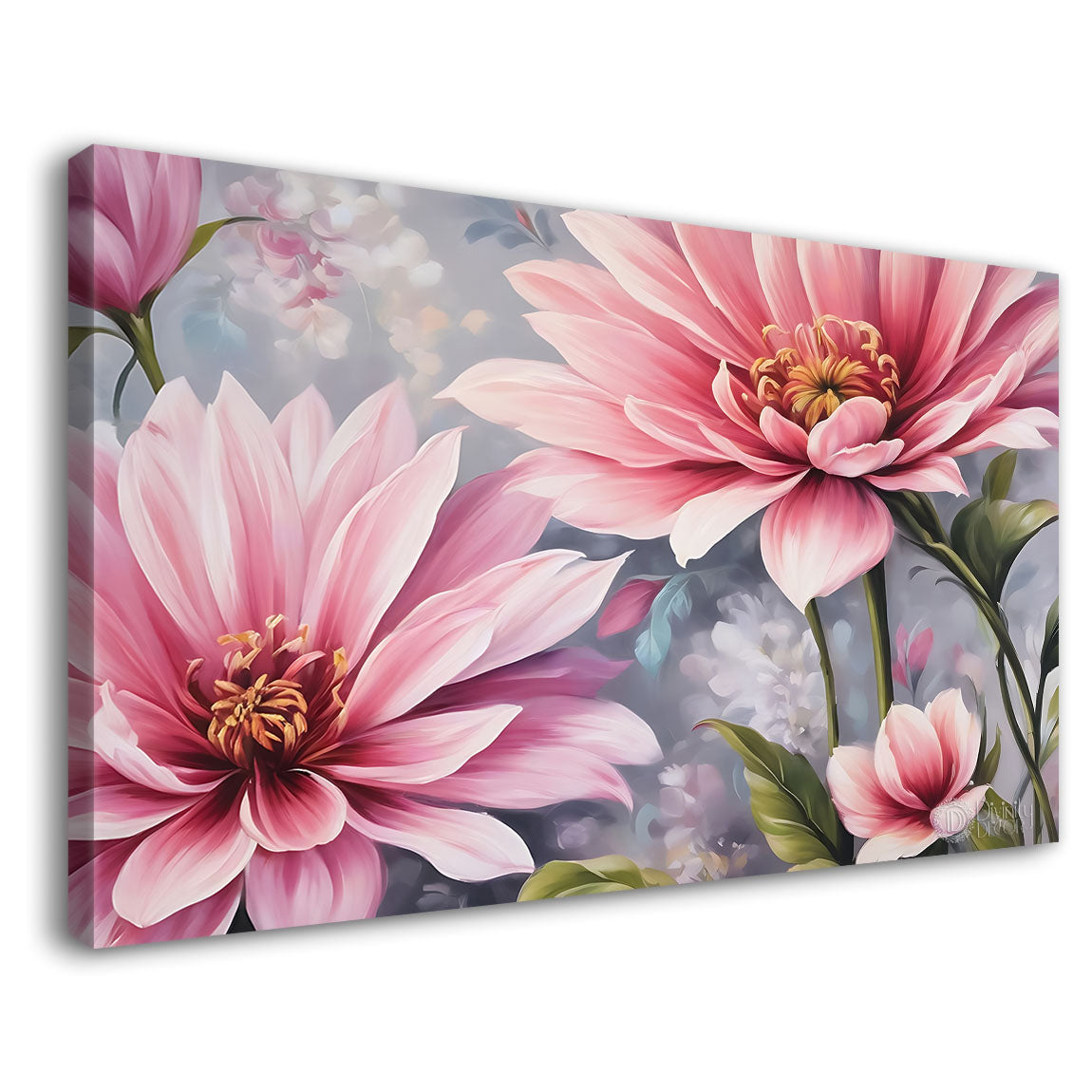 Pink flowers in grey background canvas painting- Flower-783
