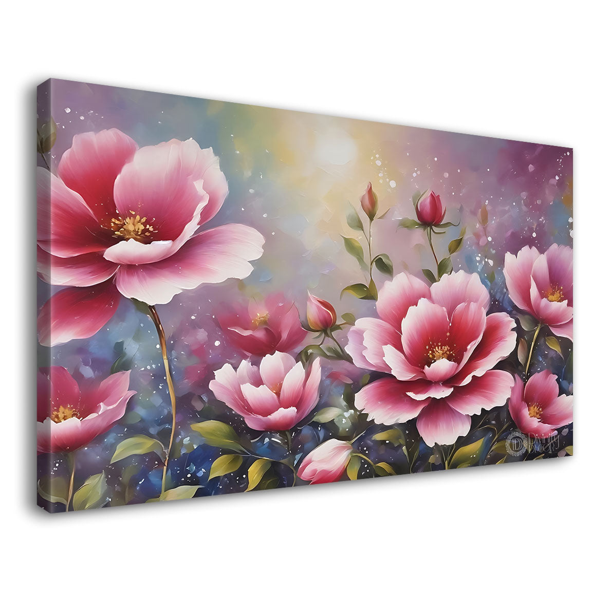 Pink flowers in grey background canvas painting- Flower-784