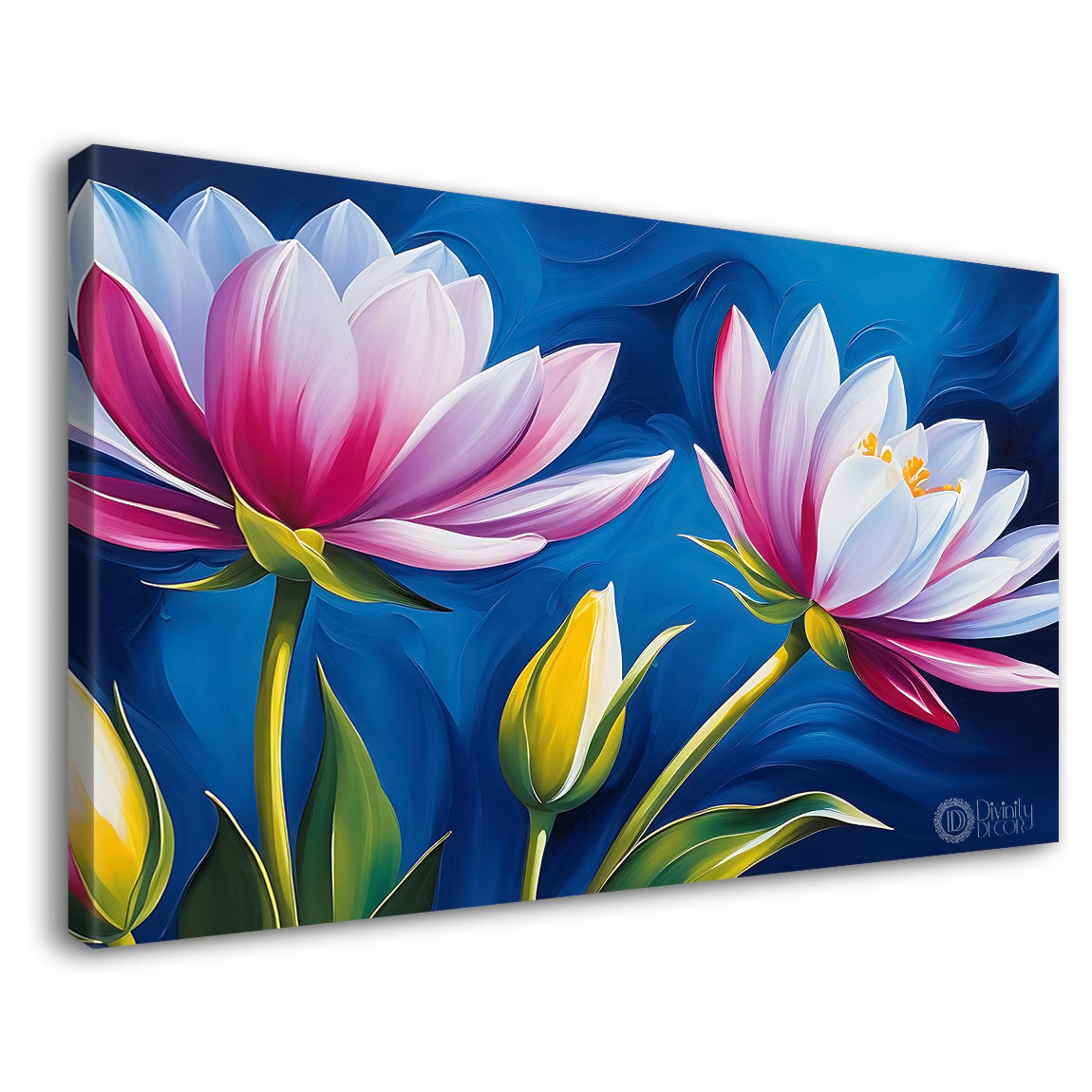 Pink flowers in navy blue background canvas painting- Flower-787