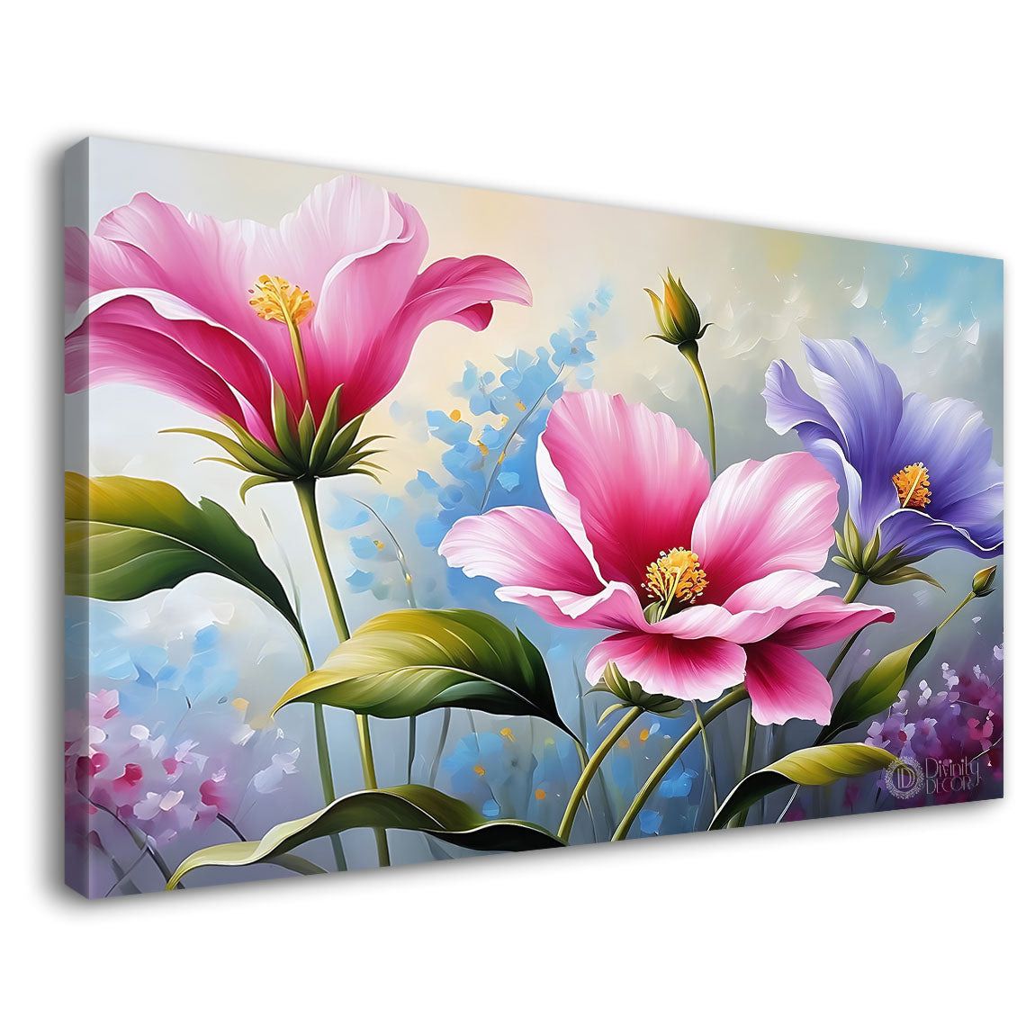 Pink flowers in sky blue background canvas painting- Flower-788