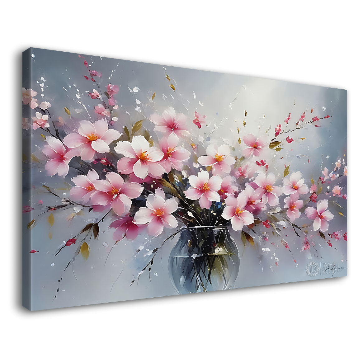 Pink flowers in a vas in grey background canvas painting- Flower-789