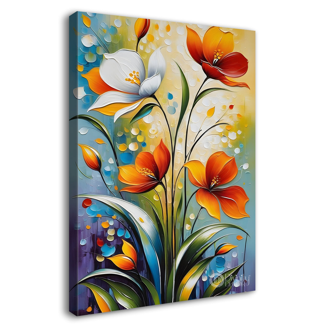Orange and white flowers in blue textured background painting - Flower-V-78