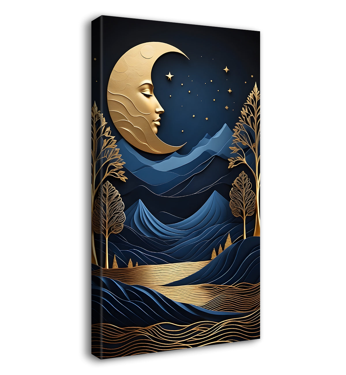 Blue mountais with golden moon, trees and river textured painting Canvas Painting - Nature Art -V-78