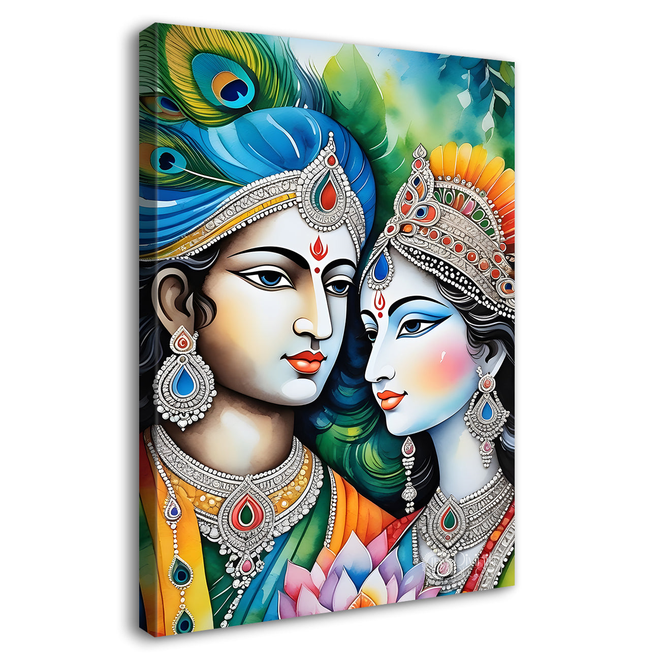 Blue face of krishna with radha in green background textured art Canvas Painting - Design - Krishna-V-78