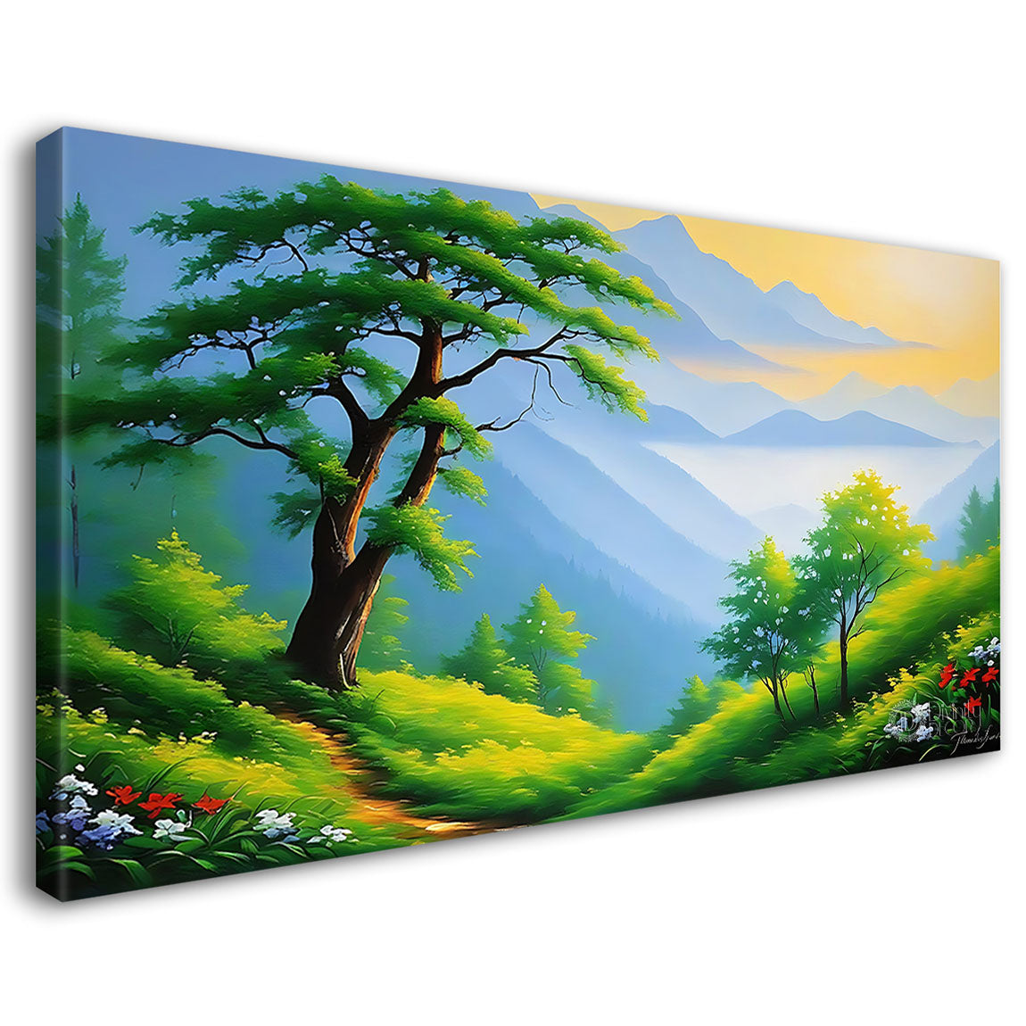 Mountains with greenery in textured painting Canvas Painting - Nature Art -78