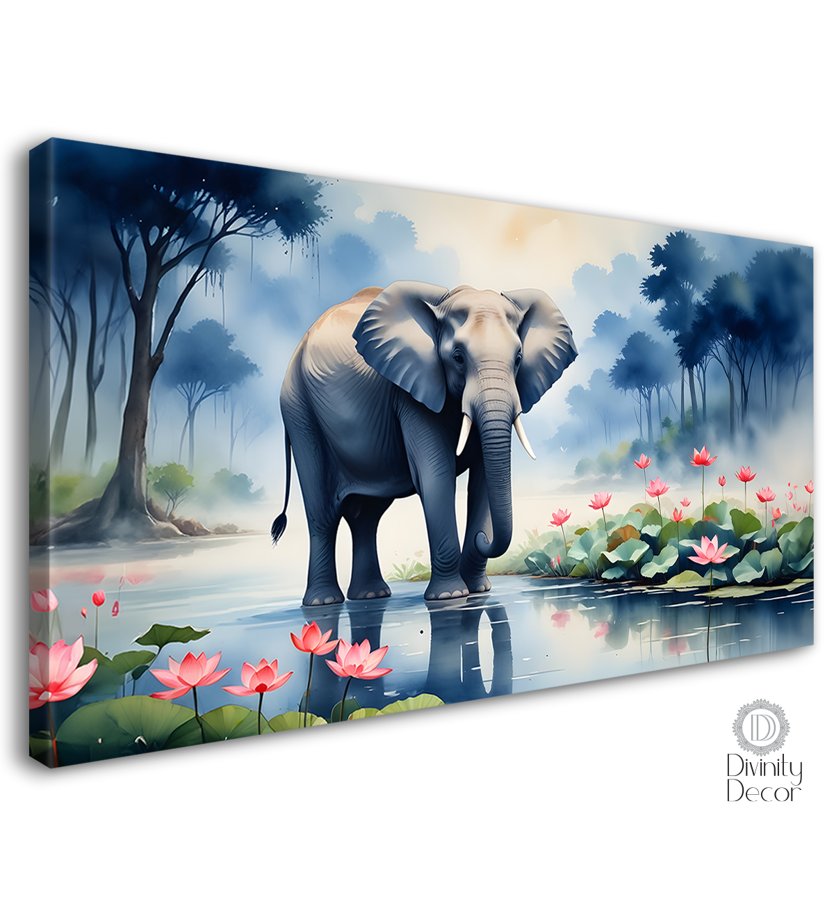 Elephant in the pond with trees and fog background textured art. - Design - Animal - 78