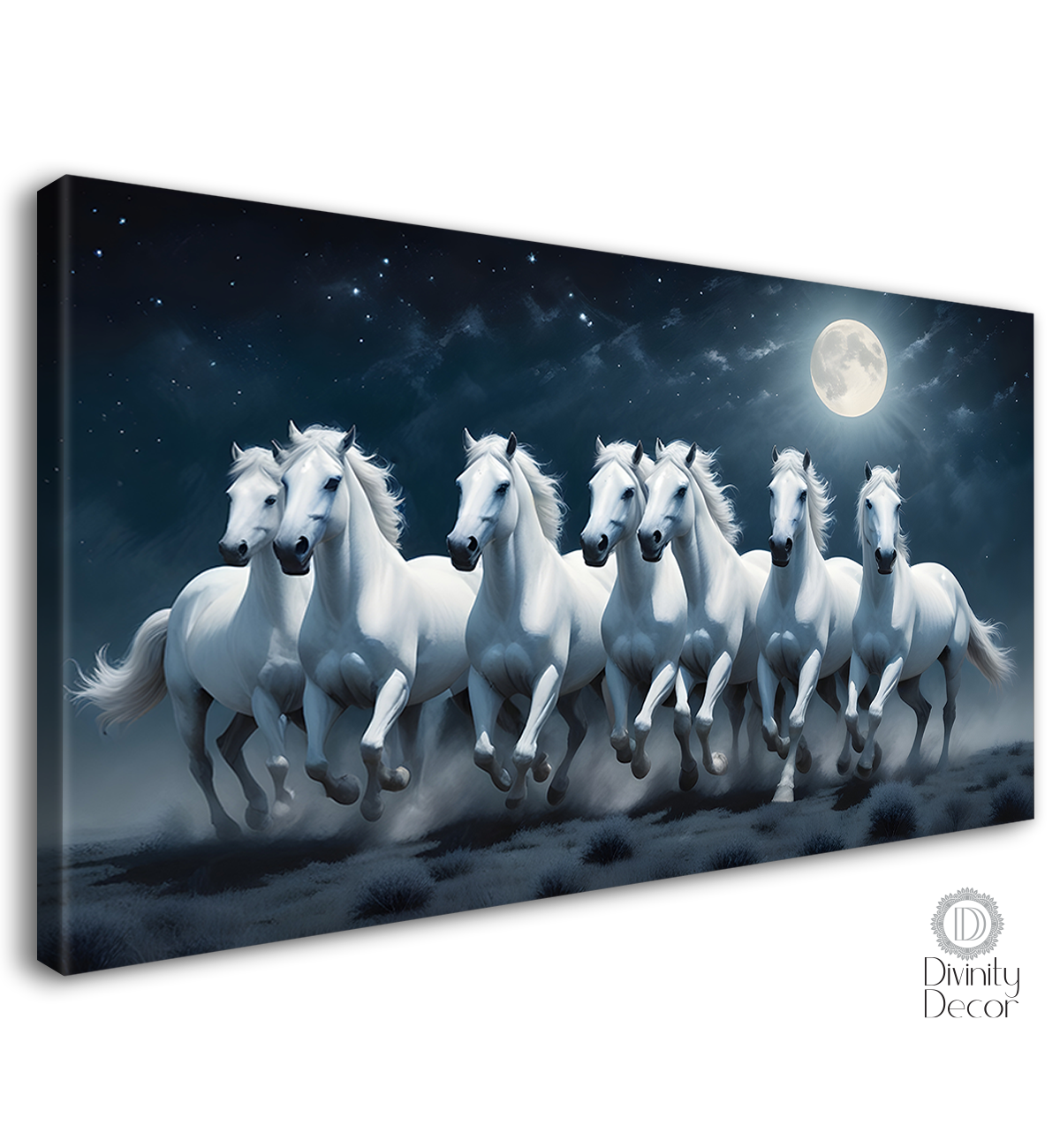 White running horses on the grass with moon and dark textured background art Canvas Painting - Design - Horse-79