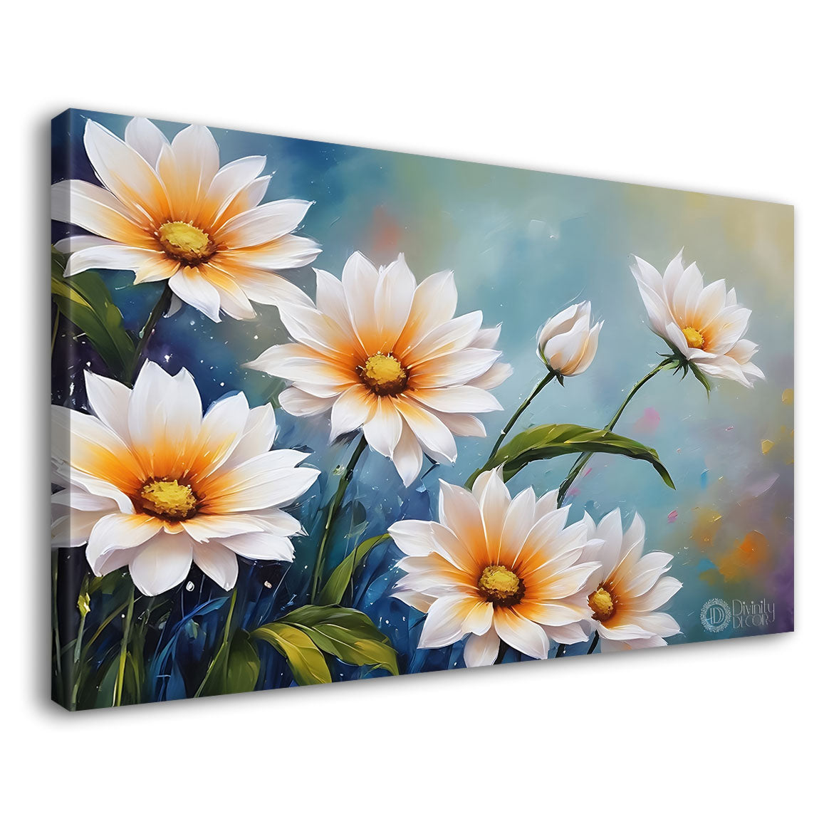White flowers in blue background canvas painting- Flower-791