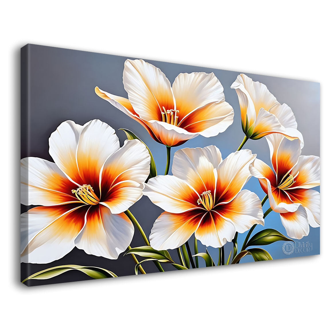 White flowers in sky blue background canvas painting- Flower-792