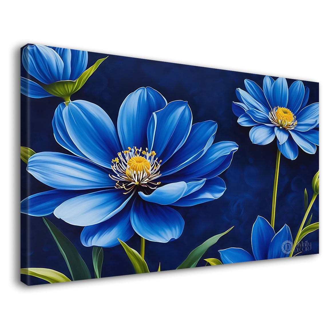 Blue flower in navy blue background canvas painting- Flower-793