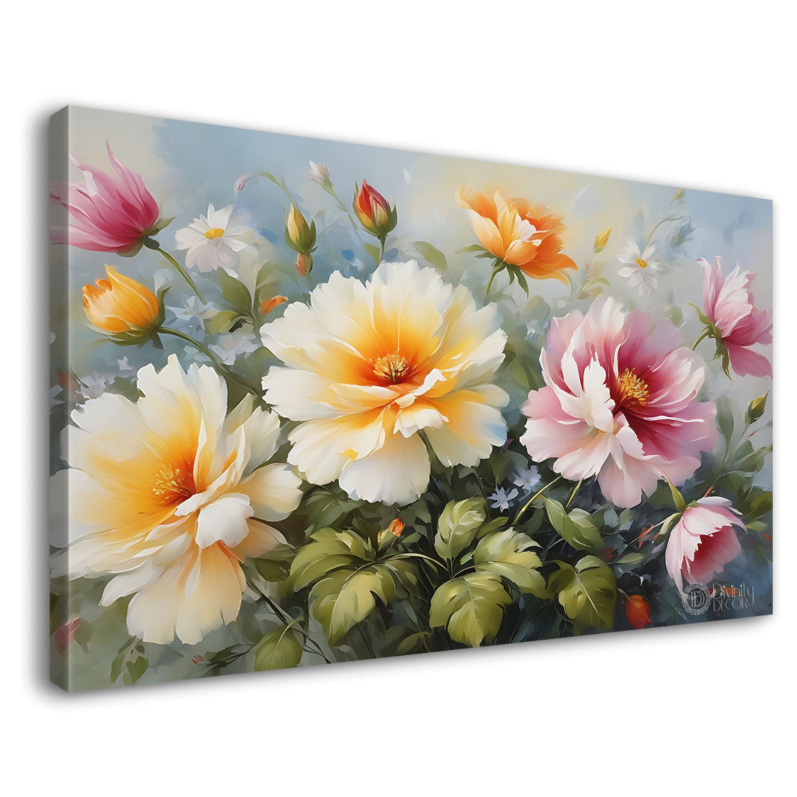 White and pink flowers in sky blue background canvas painting- Flower-794
