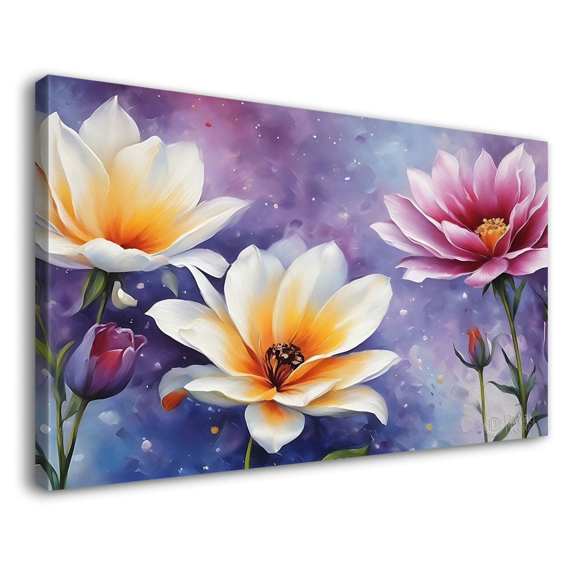 White and pink flowers in purple background canvas painting- Flower-795