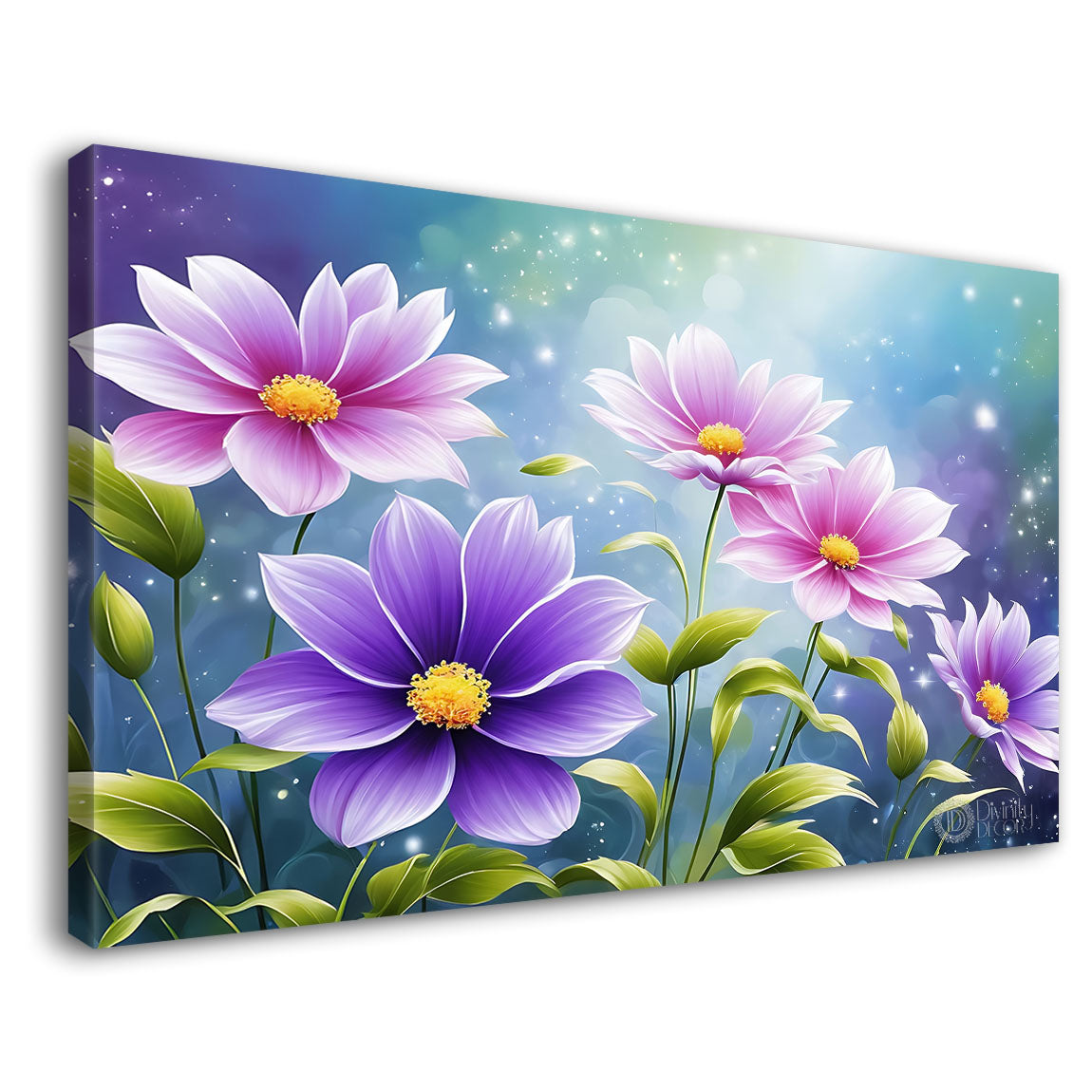 Purple and pink flowers in sky blue background canvas painting- Flower-796