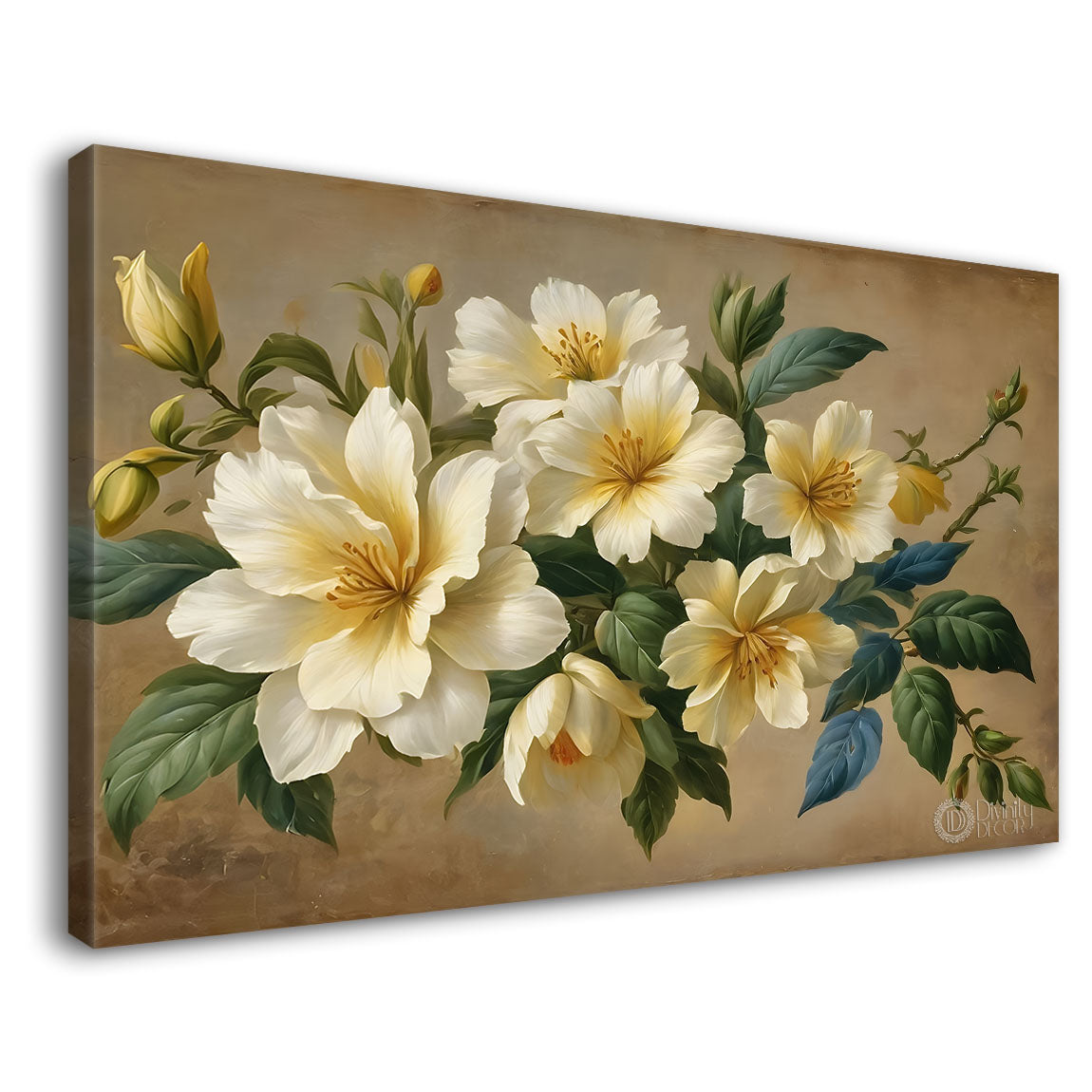 White flowers in light brown background canvas painting- Flower-797