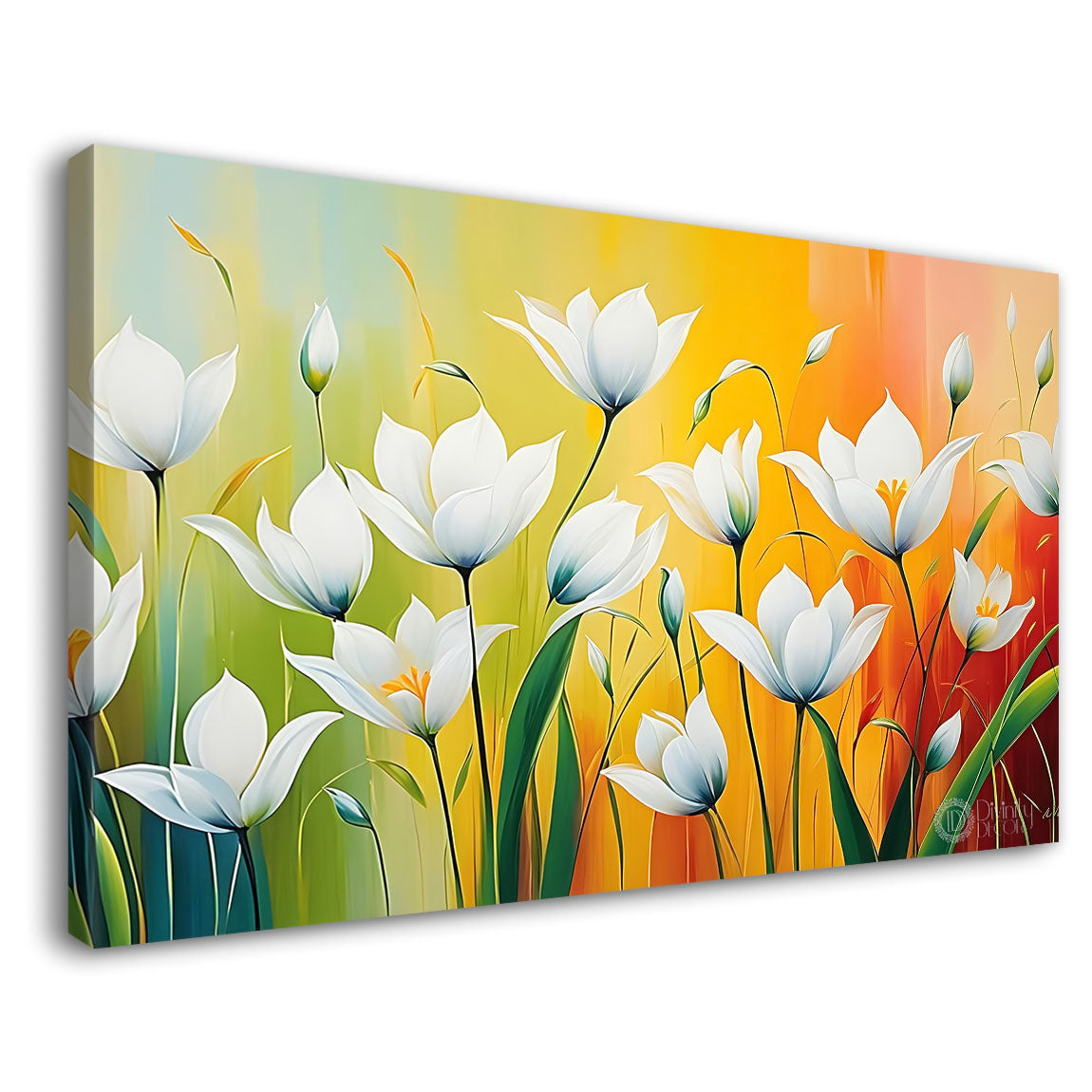 White flowers in green and yellow background canvas painting- Flower-799
