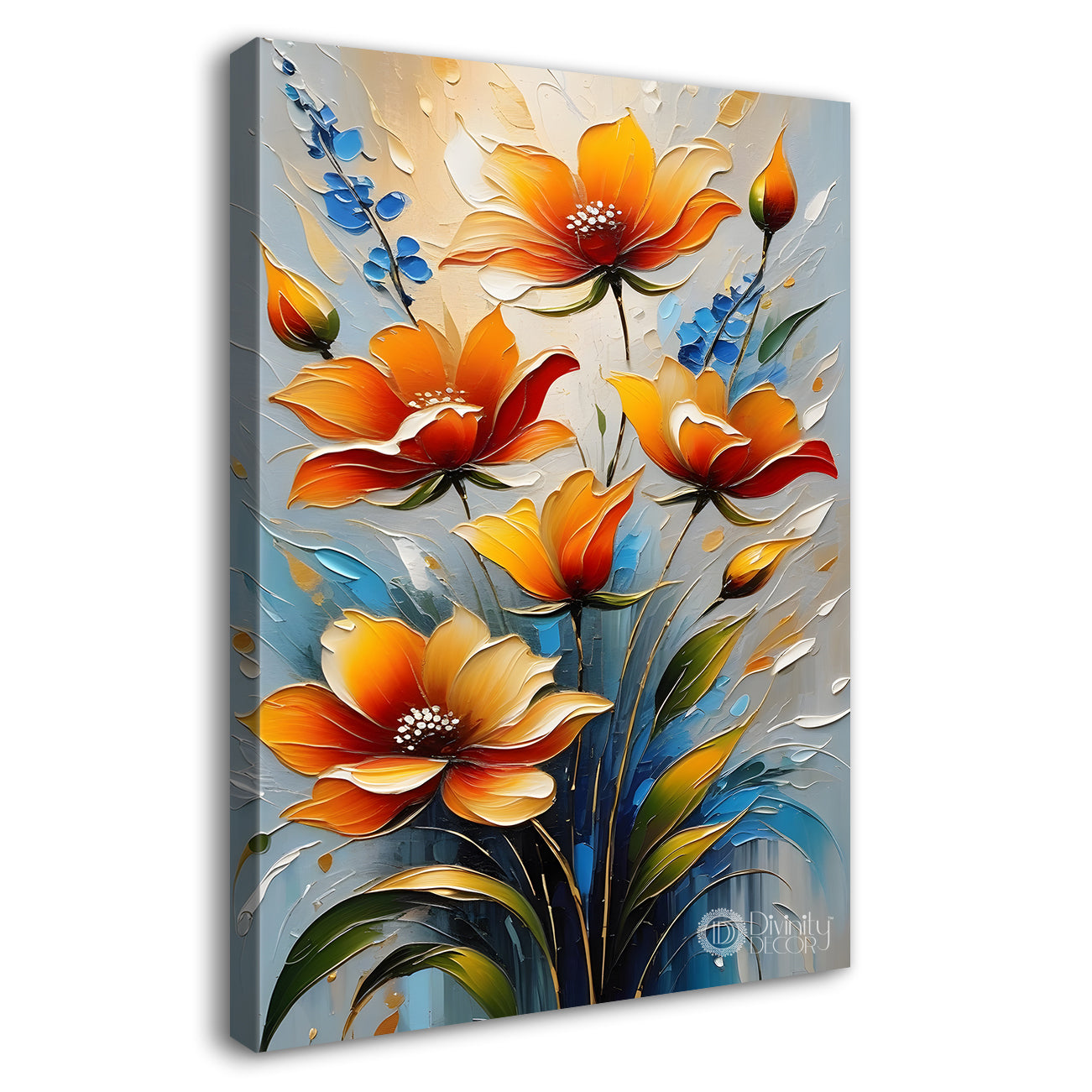 Orange flowers in grey textured background painting - Flower-V-79