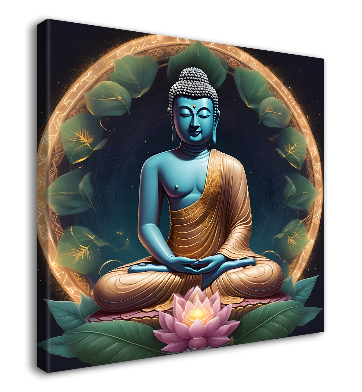 Dark green and blue buddha painting with lotus 24x24 inch Buddha-S-79