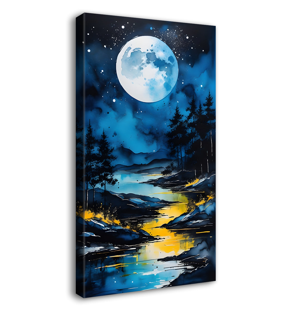Lake with mountians and trees in dark background with moon painting Canvas Painting - Nature Art -V-79