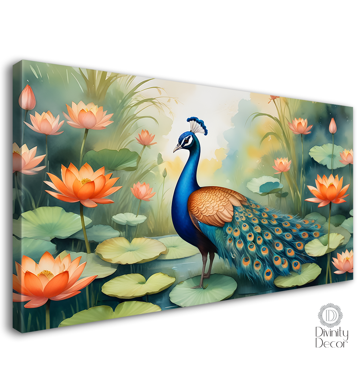Peacock with orange lotus and green background textured art. - Design - Animal -79
