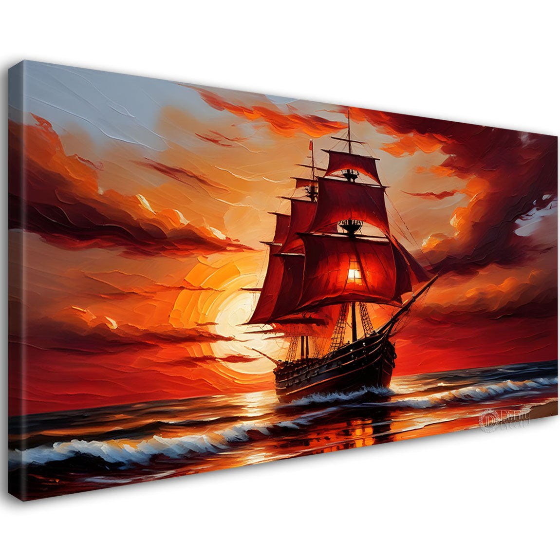 Ship with sunrise background in textured modern art canvas painting - Design - River-7