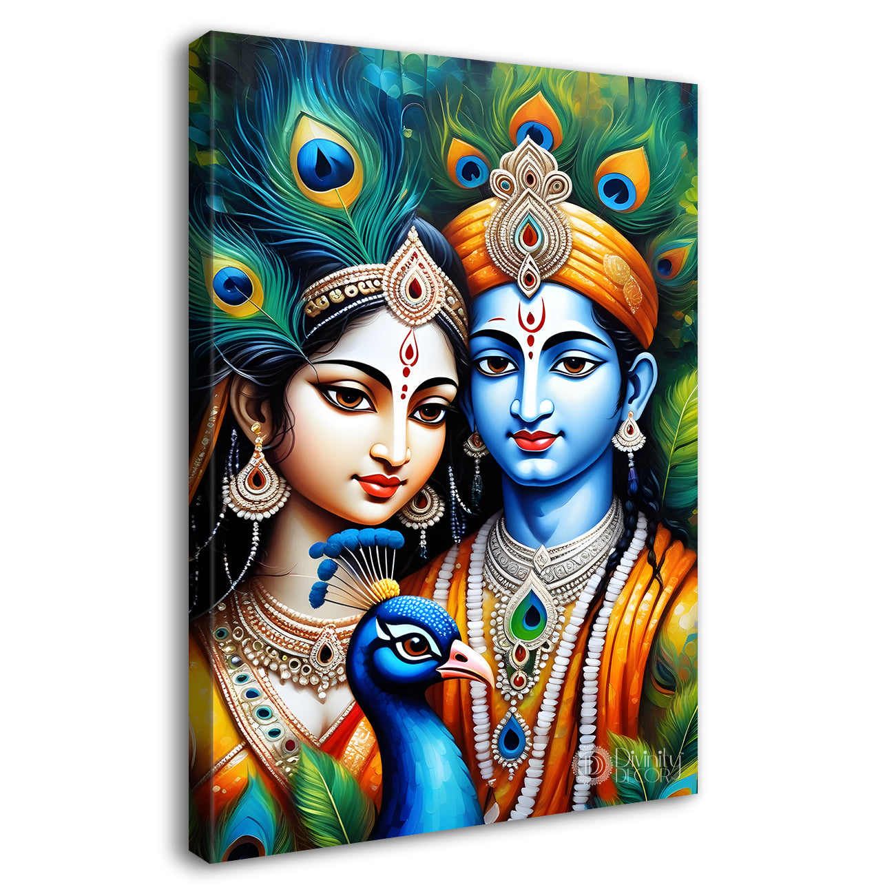 Blue face of krishna with radha in peacock feathers background textured art Canvas Painting - Design - Krishna-V-7